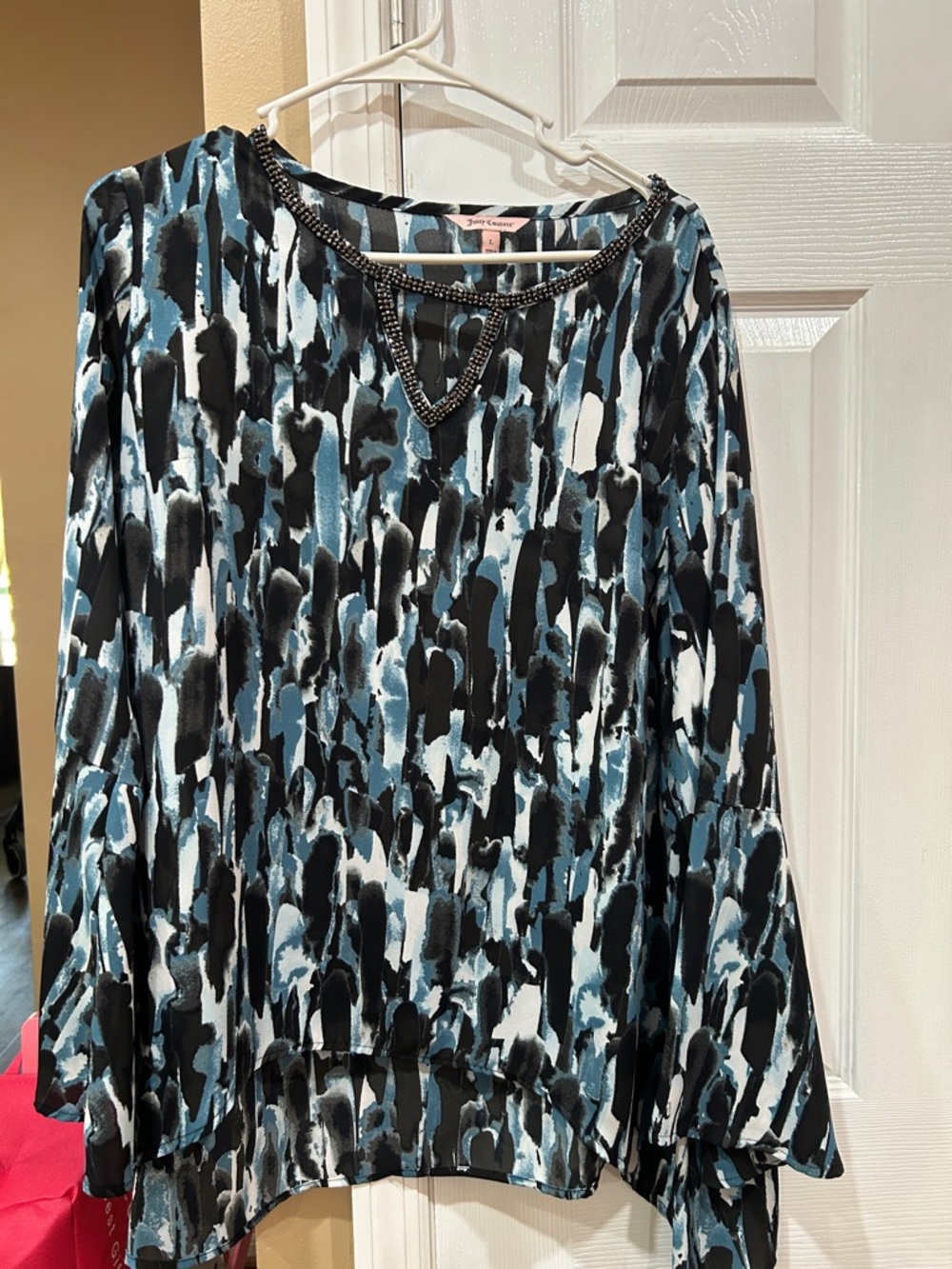 Juicy Couture Blue Black White Beaded-Neck Blouse